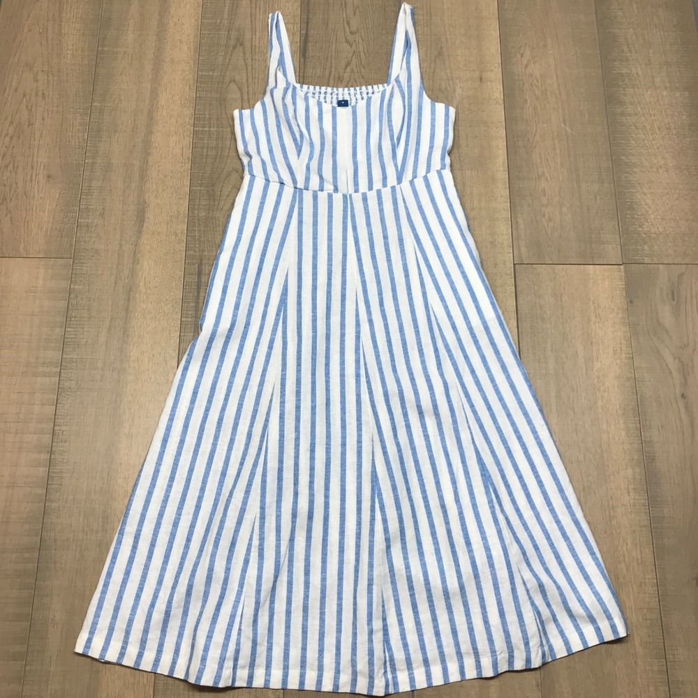 Old Navy Dress Womens Size M Blue Linen Blend Midi Fit & Flare Sleeveless Stripe